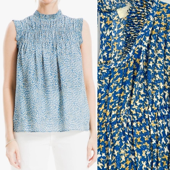 NWT Max Studio Women's Crepe Sleeveless Mock Ruffle Neck Blouse Blue Floral XS - Picture 1 of 12